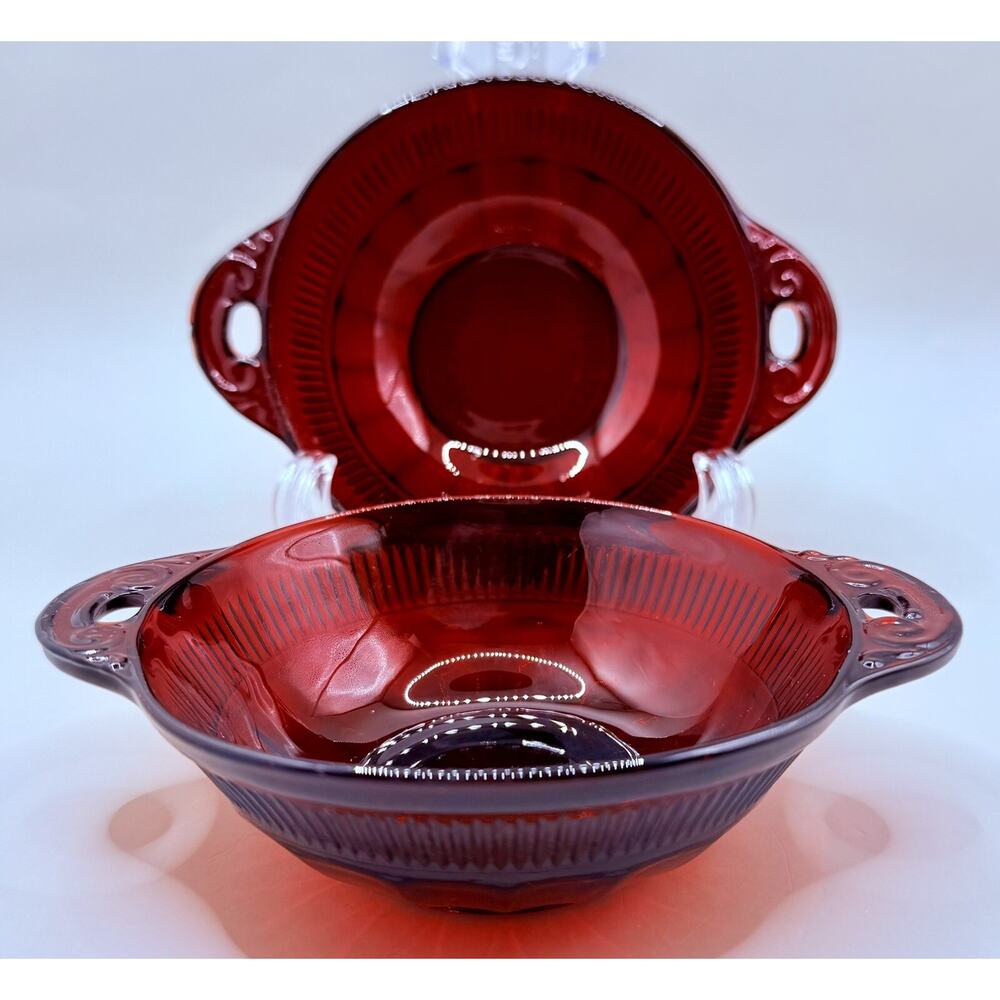 Vintage Ruby Red Glass Anchor Hocking Depression Coronation Berry Bowls Set of 2